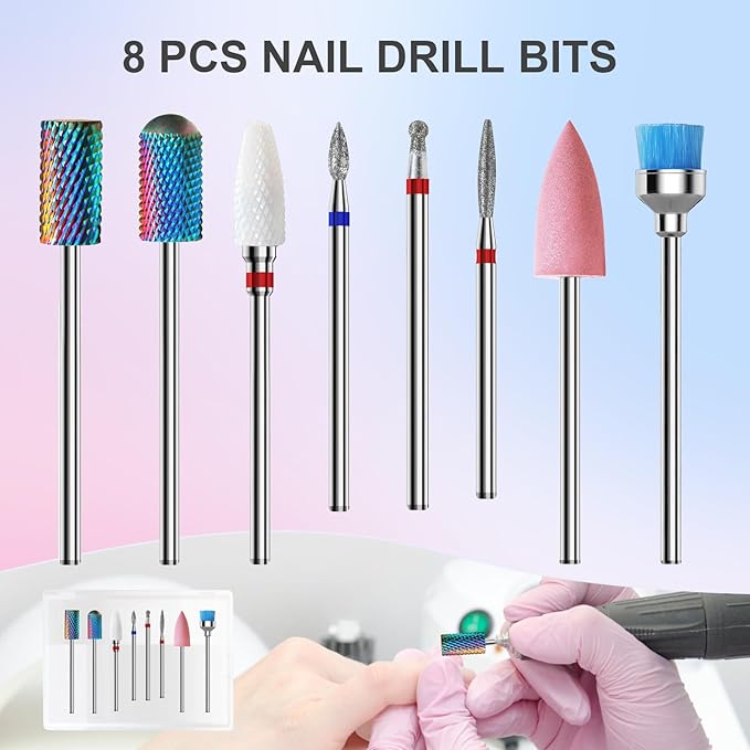 3/32'' Nail Drill Bits Set – 8pcs Tungsten Carbide & Ceramic and Diamond Bits for Acrylic, Gel & Cuticle Removal – Professional Electric Nail File Kit for Manicure, Pedicure – Home & Salon Use
