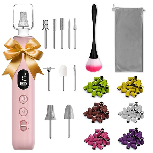 Electric Nail File, 10 Speeds Cordless Nail Drill with LED Light, Portable Manicure Pedicure Kit for Acrylic Gel Nails Thick Toenails Nail Grind, Hand Natural Nails Care - 10 Bits & 120 Sanding Bands