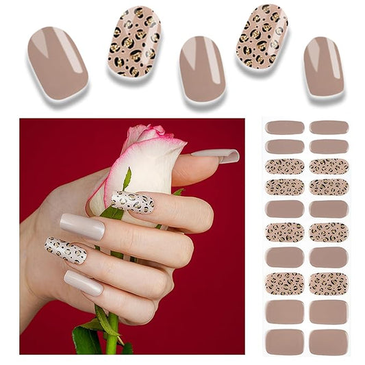 20pcs Semi Cured Gel Nail Strips, Real Nail Polish Art Stickers, Leopard Brown Gel Nail Stickers - Work with Any UV Lamp, Long Lasting Full Wraps with Nails File and Stick