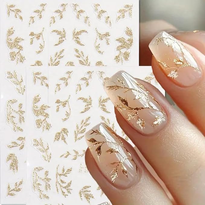 Golden Glitter Leaf Nail Art Stickers Fall Leaf Nail Decals 4PCS Shiny Shimmer 3D Self-Adhesive Fallen Leaves Nail Stickers Nail Art Supplies Fall Sticker for Nails DIY Manicure Decorations Supplies