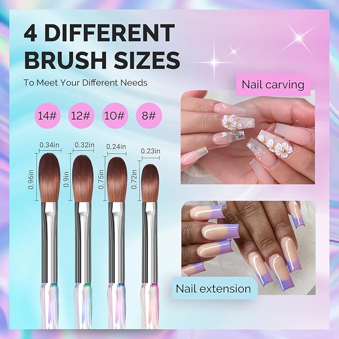 MelodySusie 4Pcs Acrylic Nail Brush Set, Size 8/10/12/14/ Professional Nail Brushes for Acrylic Application Powder Nail Extension and 3D Nail Carving for DIY Home Salon Nail Art Manicure Tool