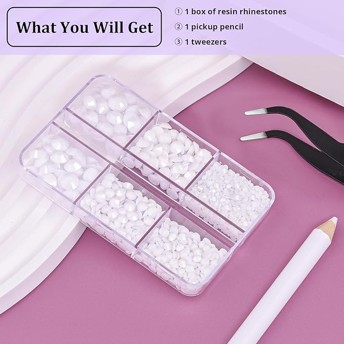 Resin Rhinestones for Crafting, 1 Box White Multi Sizes Flatback Bedazzling Crystals for Crafts Nail Art Decoration, Non Hotfix Gems Charms for Tumbler Shoes Clothing Fabric Face Makeup