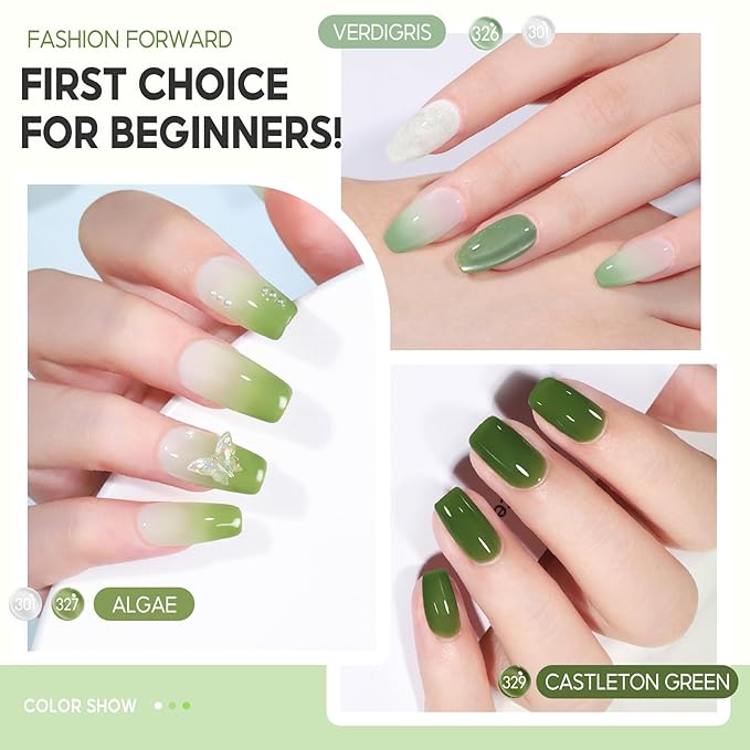 PEACECOLOR Green Jelly Gel Polish Set, 6 Colors 10ML Transparent Clear Green Collection Jelly Gel Nail Polish Set Fall Nail Art Design Home Salon DIY Gifts for Women