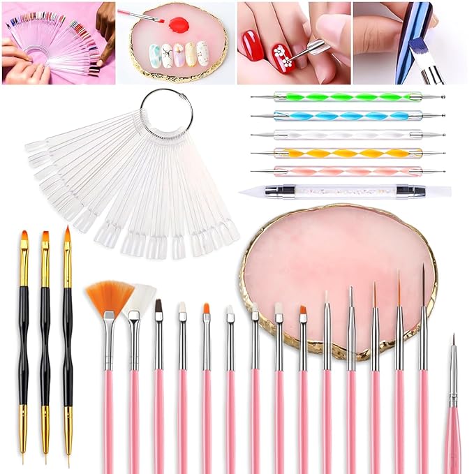 Nail Art Tools 73-pieces Set, Nail Brushes For Nail Art, Resin Agate Stone Nail Art Palette, Dual-ended Silicone Carving Pen Dotting Pen Tools, False Nail Display Tips Nails Art Kit for Nail Design