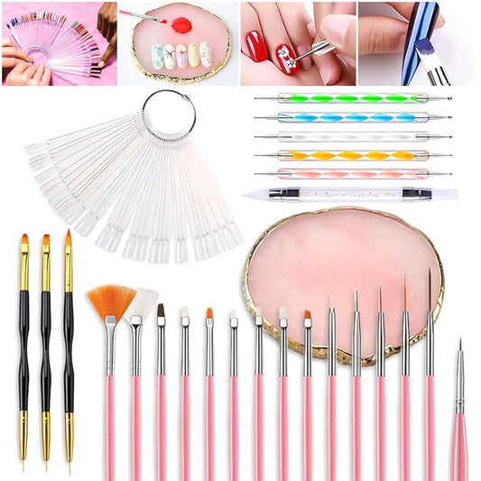 Nail Art Tools 73-pieces Set, Nail Brushes For Nail Art, Resin Agate Stone Nail Art Palette, Dual-ended Silicone Carving Pen Dotting Pen Tools, False Nail Display Tips Nails Art Kit for Nail Design