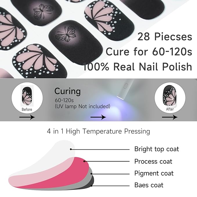 Semi Cured Gel Nail Strips, Dark Butterfly | 28 pcs Gel Nail Strips Work with Any UV Lamp, Salon Quality UV Nails Stickers, Easy to Apply for Home Nails DIY