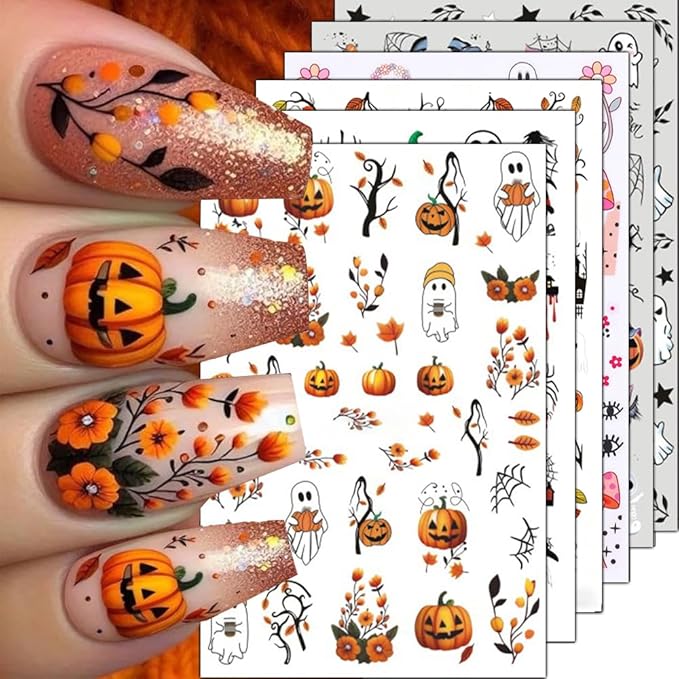 Halloween Nail Stickers Pumpkin Ghost Nail Art Stickers DIY Self Adhesive Nail Decals Cat Bat Mushroom Ghost Design Sticker Nail Decoration Supplies Holiday Manicure Accessories for Women Girls 6Pcs
