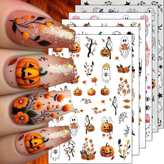 Halloween Nail Stickers Pumpkin Ghost Nail Art Stickers DIY Self Adhesive Nail Decals Cat Bat Mushroom Ghost Design Sticker Nail Decoration Supplies Holiday Manicure Accessories for Women Girls 6Pcs
