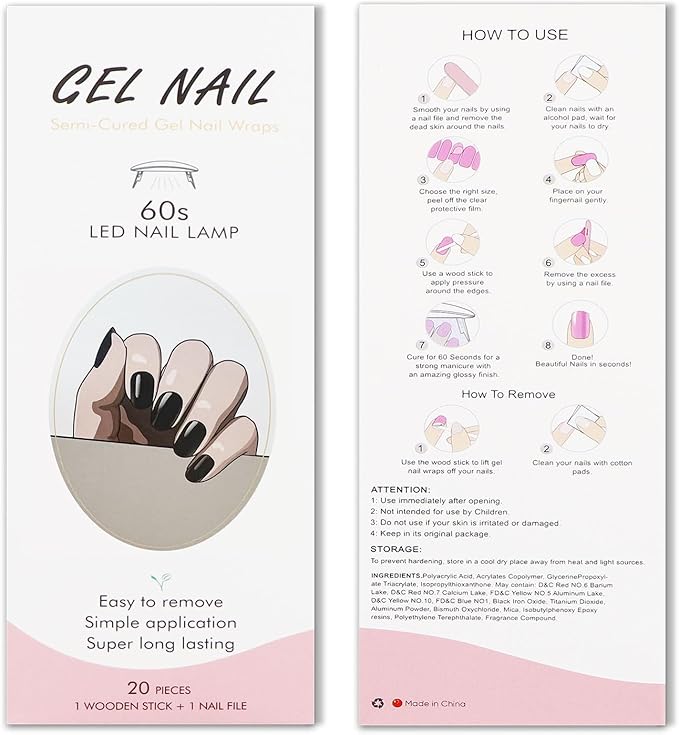 JMEOWIO Semi Cured Gel Nail Strips Black Gel Nail Stickers Nails Art Design Decoration Accessories