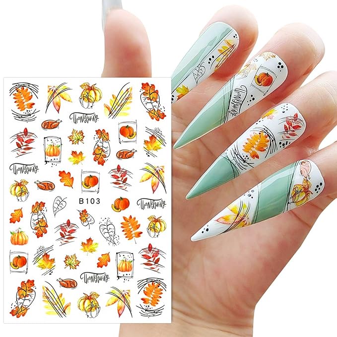 12 Sheets Fall Thanksgiving Maple Leaf Nail Art Stickers Decals Self Adhesive Pegatinas Uñas Autumn Pumpkin Leaves Design Manicure Tips Nail Decoration for Women Girls