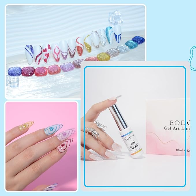 Nail Art Gel Liner Set, 12 Colors Platinum Pink Gold Green Glitter Fall Winter Gel Polish for Swirl French Tip Painting Designs Soak Off Built Thin Brush DIY Nail Design Kit