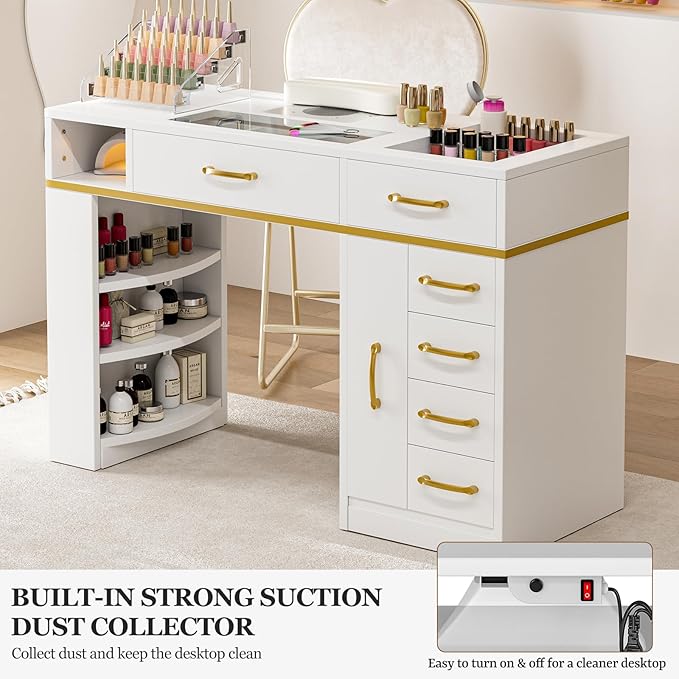 Nail Tech Table with Dust Collector, Glass Top Manicure Table Nail Desk Station w/7 Drawers & 3-Tiers Open Shelves, Nail Beauty Workstation w/Wrist Cushion & Acrylic Display Rack（White）