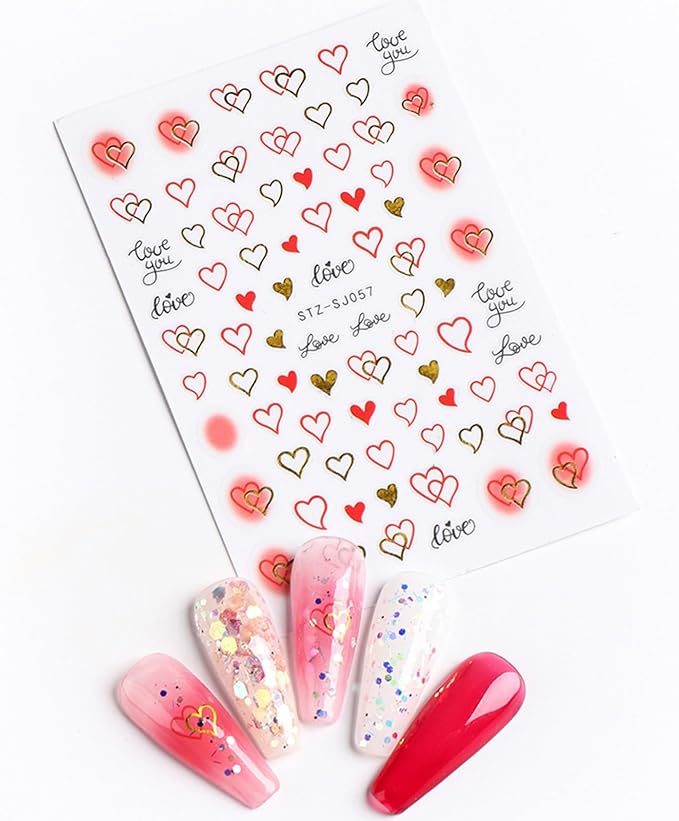 6pcs Valentine's Day Nail Art Stickers 3D Heart Shape Self-Adhesive Cute Bear White Red Pink Love Heart Design Nail Decals Gold Curve Design Nail Decals Suitable for Women Girls Nail Art Decoration