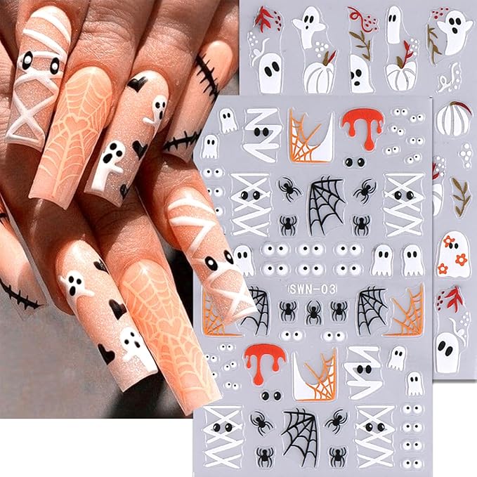 6 Sheets Halloween Nail Art Stickers,3D Cute Nail Decals White Ghost DIY Nail Tips Sticker for Halloween Party, Skull Pumpkin Star Ghost Bat Spider Web Self-Adhesive Designs Manicure Decorations