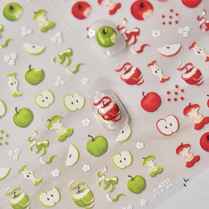 5D Embossed Nail Stickers for Nail Art Green Apple Nail Art Stickers White Flower Nail Decals Self Adhesive Spring Nails Supplies for Women Girls