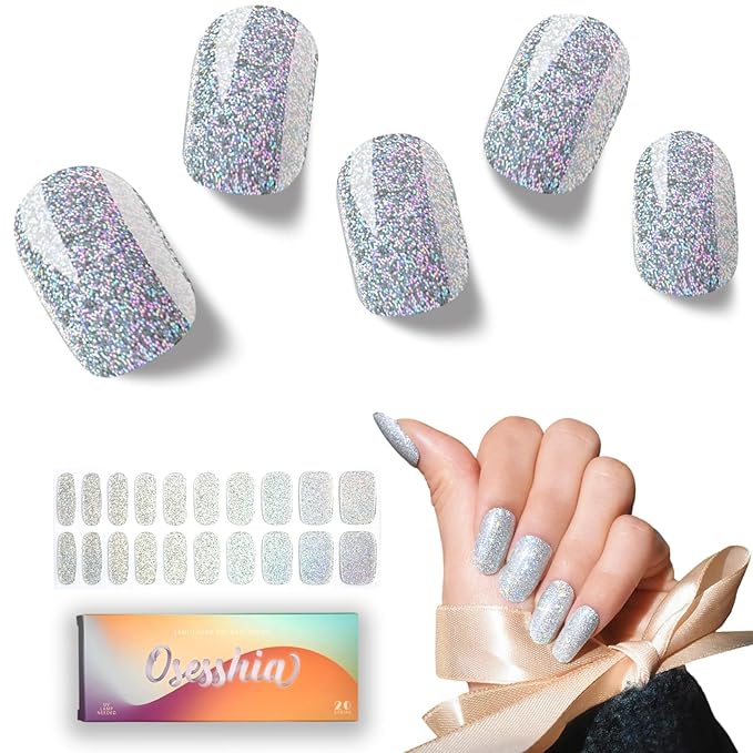 Semi Cured Gel Nail Strips, 20 pcs Nail Wraps, Glaze Stickers, Salon Quality French Manicure, Full Decal Gel Polish Strips, Long Lasting Holiday SCG, UV Lamp Required (Moonlit Tide)