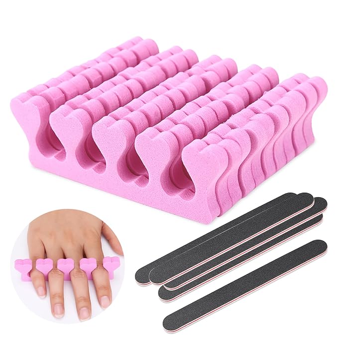 Toe Separators, Lainrrew 50 Pcs/ 25 Pairs Soft Foam Toe Separator Pedicure Toe Stretcher Toe Spacers Cushions Finger Dividers with 5 Nail Files for Nail Polish, Toes & Finger Relaxing Holding