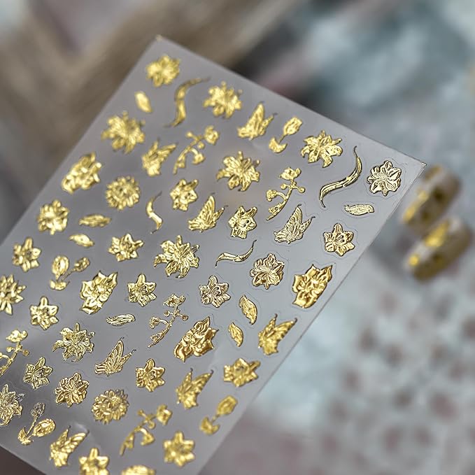1 Sheets 5D Embossed Fall Nail Stickers for Nail Art Self-Adhesive Gold Flower Nail Art Stickers Gold Butterfly Autumn Leaves Nail Decals Floral Nail Design Sticker for Women Nails Decoration