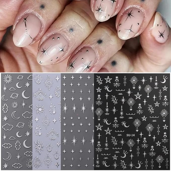 Star Nail Stickers - 8Sheets Metallic Star Nail Art Stickers 3D Star Moon Sun Nail Decals for Nail Art Supplies Sun Stars Moon Starlight Glitter Gold Silver Design French Manicure Decoration for Women