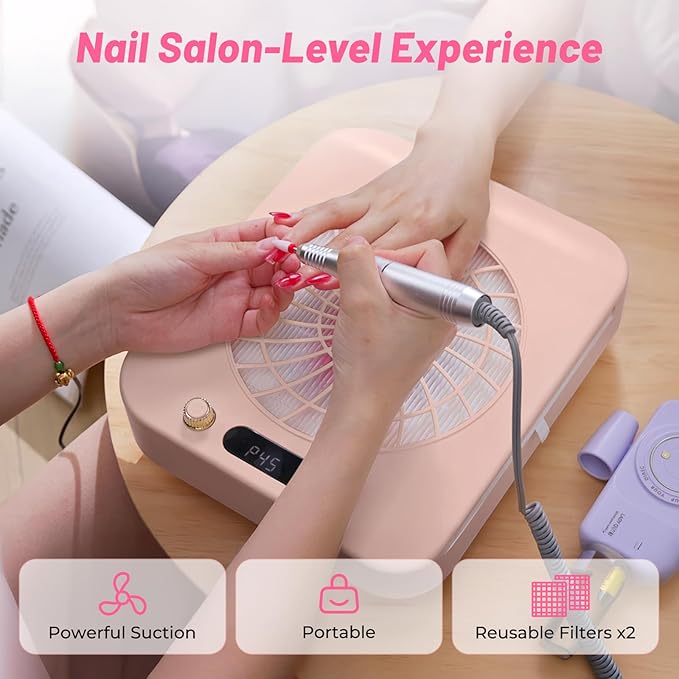 Nail Dust Collector with 2 Cleanable & Reusable Filters,Dust Extractor Compact Vacuum Fan Dust Collector,Suction Machine for Acrylic Home Nails Polishing Nail Salon,Pink