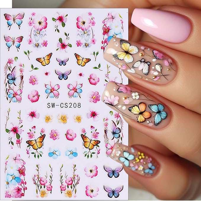 6Pcs Butterfly Nail Stickers for Nail Art Spring Flower Nail Decals French Tip Nail Art Stickers Retro Blue Pink Butterflies Floral Nail Design Supplies Cute Nail Decoration for Acrylic Nails Charm