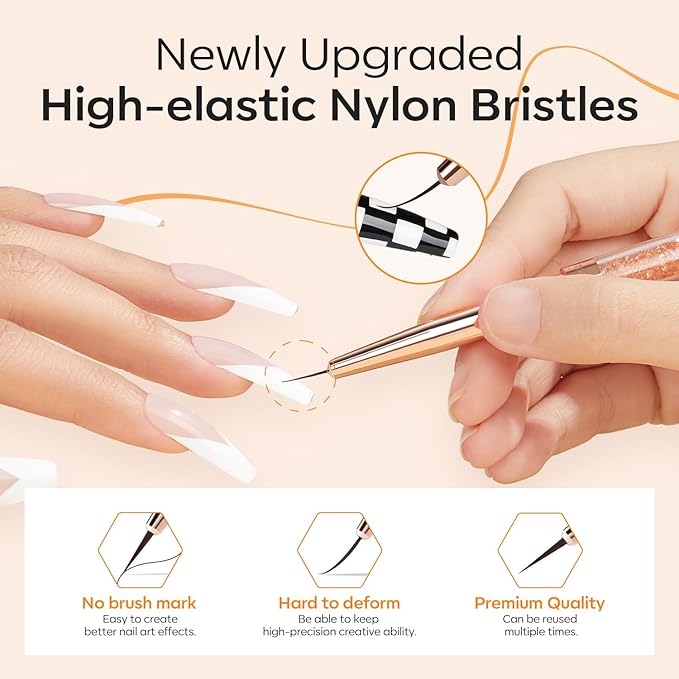 modelones Nail Art Brushes, Super Fine Liner Nail Brush Kit Dual-ended 7/11/15/20mm for Gel Polish Thin Lines, Precise Details, Fine Drawing Painting Design Acrylic Rhinestone Handle Salon & DIY Use