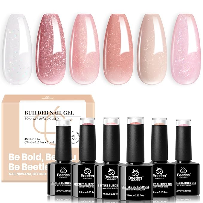 Beetles Builder Gel Set,6 Colors Glitter Shimmer 7 in 1 Nude Pink White Nail Thickening Strengthening Building Apex for Beginner DIY Salon at Home,Shimmer Builder Nail Gel,UV & LED Lamp Cured Needed