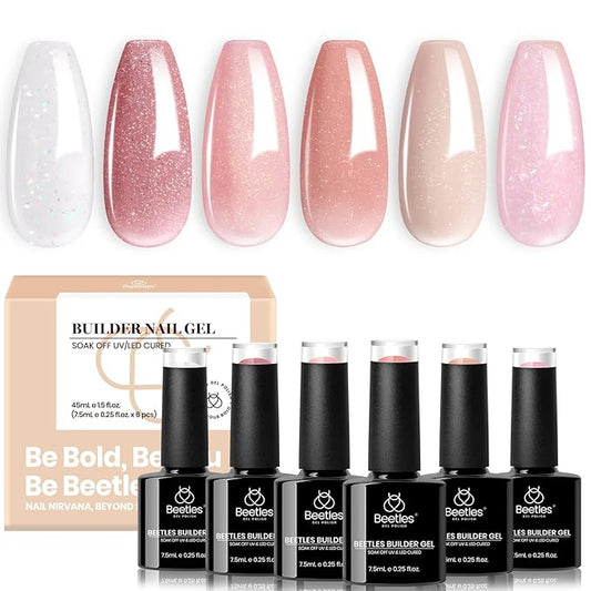 Beetles Builder Gel Set,6 Colors Glitter Shimmer 7 in 1 Nude Pink White Nail Thickening Strengthening Building Apex for Beginner DIY Salon at Home,Shimmer Builder Nail Gel,UV & LED Lamp Cured Needed