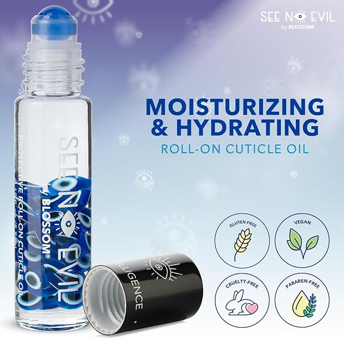 Blossom Cuticle Oil, See No Evil Scented Roll on Cuticle Oil for Nails, Rollerball Application for Nail Support, Cruelty Free, 0.19oz, Intelligence Jasmine