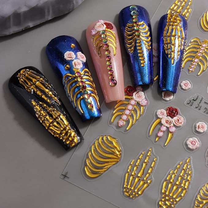 Halloween Nail Art Stickers 5D Embossed Rose Skeleton Nail Decals 3PCS Gold Rose Gold White Fantasy Bone Pumpkin Bat Design Halloween Nail Stickers Supply for Women Holiday Manicure Nail Decorations