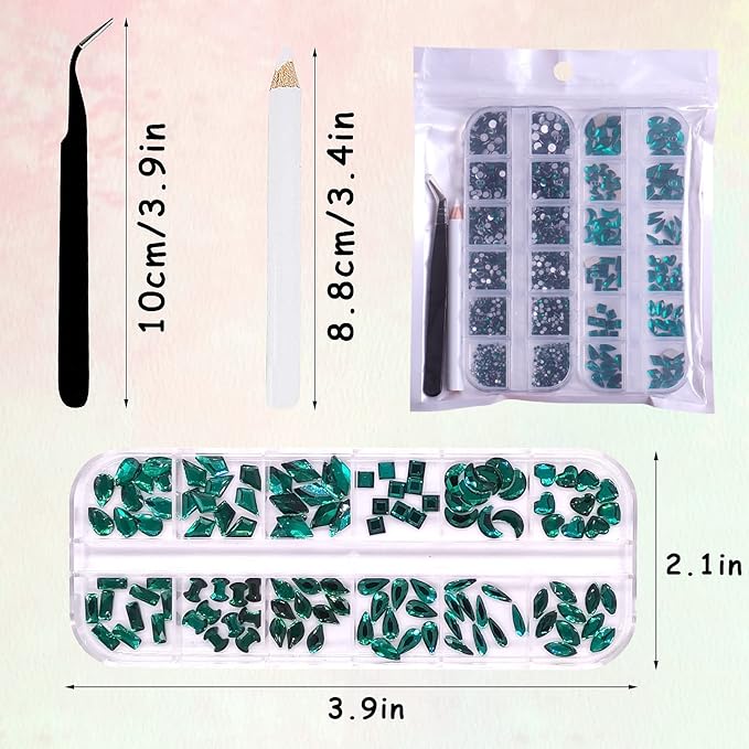 3120Pcs Green Nail Art Rhinestones Crystal,HOINCO Nail Art Crystal Flat Back Nail Diamond Jewels for Nail Art DIY Crafts with Tweezers and Pen