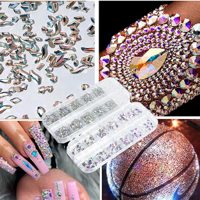 2680Pcs AB Nail Rhinestones, Big Colorful AB Nail Charms, Diamond Gems Stones with 2560Pcs AB Flatback Round Beads, Clear Acrylic Colored Glass Jewelry for Nails Faces Eyes Makeup Decoration