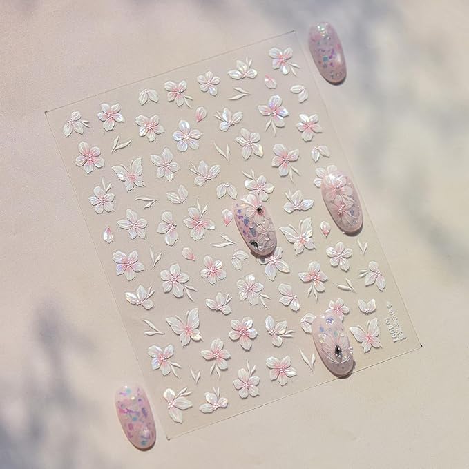 1 Sheet of Pink Flower Nail Stickers, Aurora Gradient Floral Nail Art Stickers, 5D Embossed Self-Adhesive Nail Decals for Women DIY Spring Floral Manicure Decoration Supplies