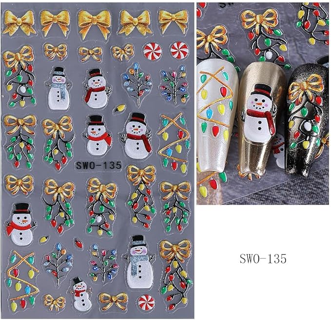 2Pcs Christmas Nail Stickers Christmas Tree Decals for Nail Art Bow Nail Design 5D Embossed Father Christmas Lamp Strip Nails Art Supplies Snowman Pine Tree Nails Accessories for Women DIY Decoration