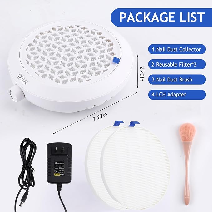 BQAN Nail Dust Collector, 80W Powerful Adjustable Extractor with Brush and 2 Reusable Filters, Nail Vacuum Dust Collector for Acrylic Gel Nail Polishing, Salon & Home