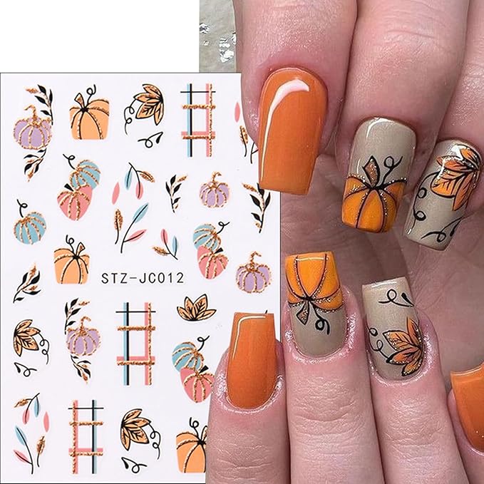 6 Sheets Fall Nail Art Stickers Thanksgiving Day Nails Decals 3D Self Adhesive Maple Leaf Nail Stickers Cute Fox Pumpkin Maple Leaves Design Fall Nails Supplies for Women Autumn DIY Manicure Decor