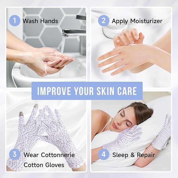 HandLove Premium 100% Cotton Gloves | Moisturizing Gloves for Dry Hands & Eczema | Overnight Sleeping Gloves, Eczema Gloves | Touchscreen | Extended Wrist White Gloves with Lavender Speckles, 6 Pairs