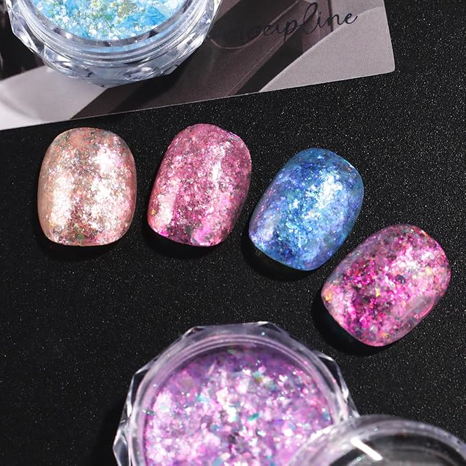 4 Jars Mermaid Flake Nail Glitter Sequins, Holographic Opal Powder, Iridescent Ice Crystal Mermaid Nail Art Pigment Sparkly Glitter for DIY Manicure Decorations