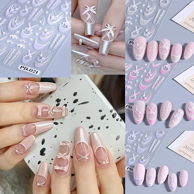 3 Sheets French Bow Nail Stickers for Nail Art, 3D Self-Adhesive Pink Purple Bow French Nail Decals, French Nail Supplies Nail Art Designs Accessories for Women and Girls Manicure DIY Decoration