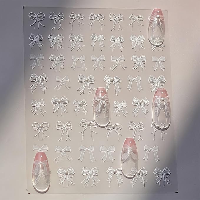 1 Sheets 5D Embossed White Lace Bow Nail Art Stickers Decals Self-Adhesive White Bow Knot Design Nail Stickers Bow Pearl Nail Art Supplies Cute Bow Nail Decals for Women Girl Manicure Decoration