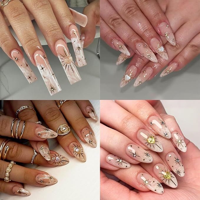2 Sheets Gold Star Nail Decals for Nail Art Celestial Nail Stickers Embossed Star Nail Decals with Diamond Designs 5D Self-Adhesive Sun Nail Supplies for Women DIY Manicure Nails Decoration