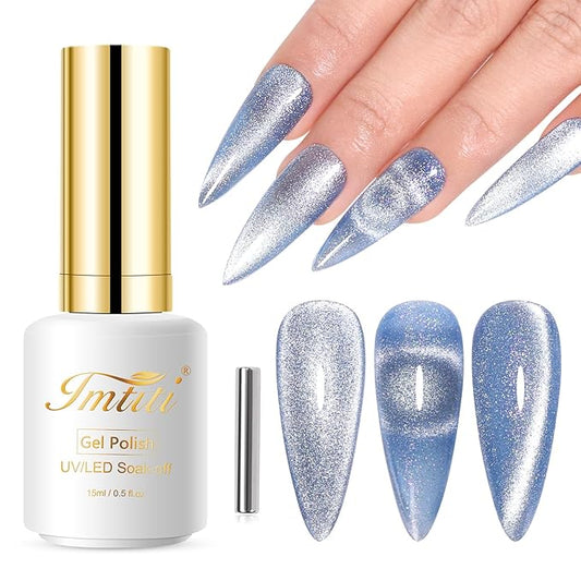 Imtiti Cat Eye Gel Nail Polish, 15ML Blue Holographic Glitter Cat Eye Gel Polish with Magnet UV LED Magnetic Gel Nail Polish Crystal Galaxy Sparkly Home DIY Manicure Nail Salon Kit