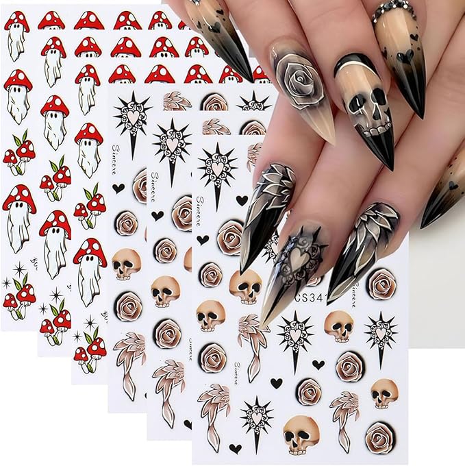 Halloween Nail Art Stickers Decals 3D Skull Mushroom Ghost Halloween Nail Stickers 6PCS Rose Flowers Love Heart Leaf Design3D Self-Adhesive Nail Decals Manicure Supply for Holiday Nail Art Decorations