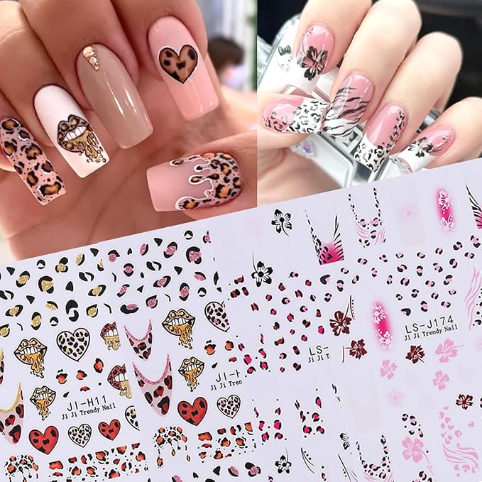4Sheets Leopard Print French Tip Nail Art Stickers 3D Hibiscus Flower Nail Decals Self-Adhesive Leopard Print Nail Stickers with Glitter Design Lips Heart Sticker for Women Nails Decor