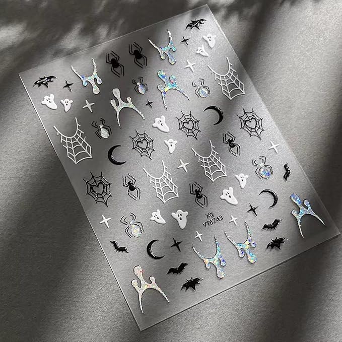 3 Sheets Halloween Nail Stickers Decals Gothic Ghost Nail Art Stickers Self-Adhesive Retro Dark Wind Flame Blood Nails Design Stickers 3D Goth Spider Web Nails Supplies for Women Nail Decorations