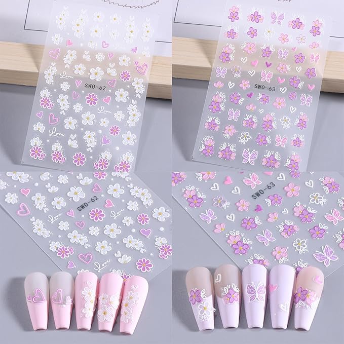4 Sheets Flower Nail Stickers for Nail Art Embossed Floral Butterfly Nail Decals 5D Self-Adhesive Heart Butterfly Nail Design Decals Pink White Flowers Nail Art Stickers for Women Girls Nail Decor