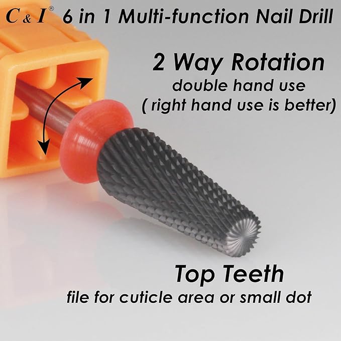 C & I Nail Drill Bit 6 in 1 Multi-function Rounded End E-file, Diamond Coat, CNC Overall Cut Nail Tools for Nail Techs Quick Remove Acrylic Nail Gels & Nail Art (Special Coat, Fine -F)