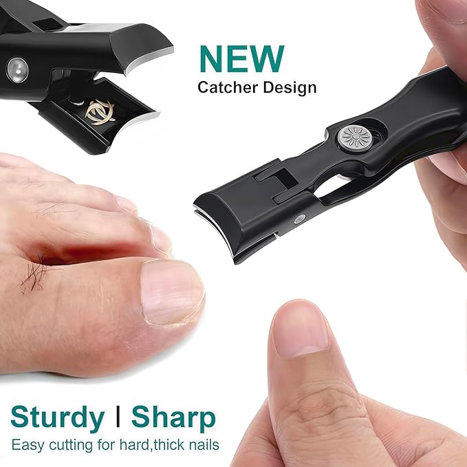 Nail Clippers for Men Thick Nails for Seniors, Large Wide Jaw Opening Portable Ultra Sharp Fingernail and Toenail Clipper Cutters with Catcher for Women, Heavy Duty Stainless Steel, Black