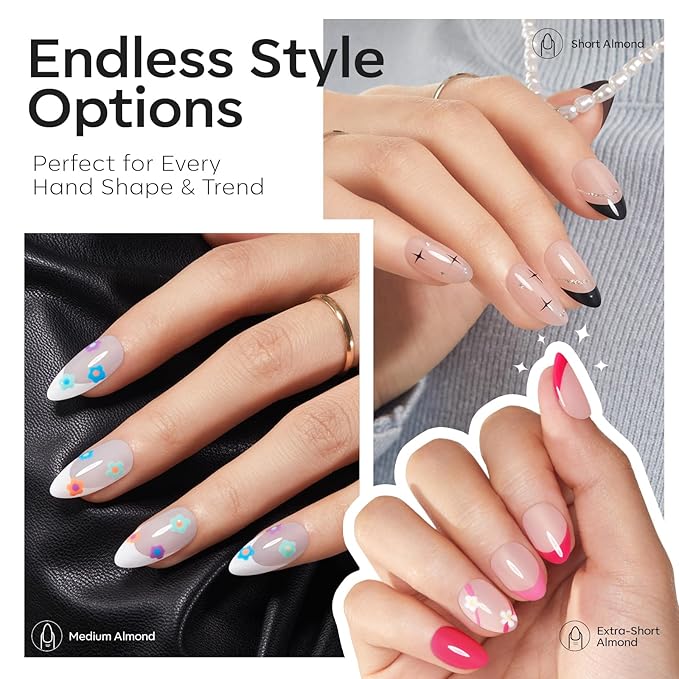 Modelones Medium & Short & Extra Short Almond Nail Tips - Multi-type 3 Styles Set Gel Tips Half Matte Full Cover Clear Acrylic Gel Kit Fake Nails for Extension DIY Salon 450Pcs 15Sizes