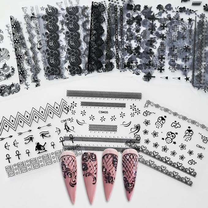 30 Sheets Black Nail Art Stickers 3D Self-Adhesive Black Lace Hollow Nail Decals 3D Black Retro Cat Flower Star Moon Heart Nail Stickers Nail Art Design for Women DIY Acrylic Nails Decoration